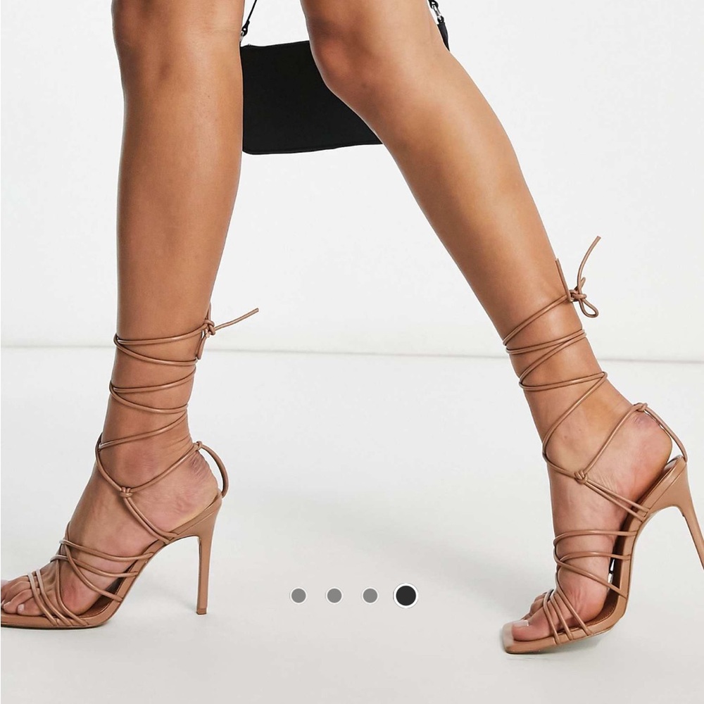 ASOS DESIGN Nina strappy tie leg heeled sandals in beige